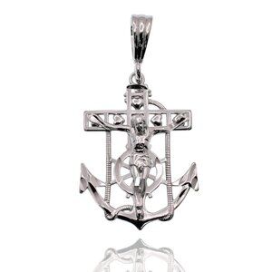 Sterling Silver 925 Rhodium Plated Anchor Crucifix Nautical Pendant